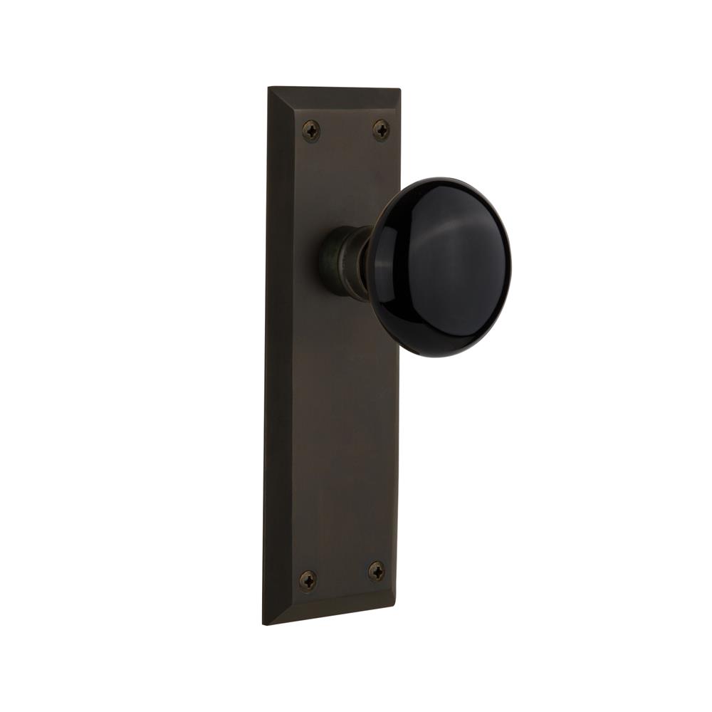 Nostalgic Warehouse NYKBLK Passage Knob New York Plate with Black Porcelain Knob without Keyhole in Oil Rubbed Bronze